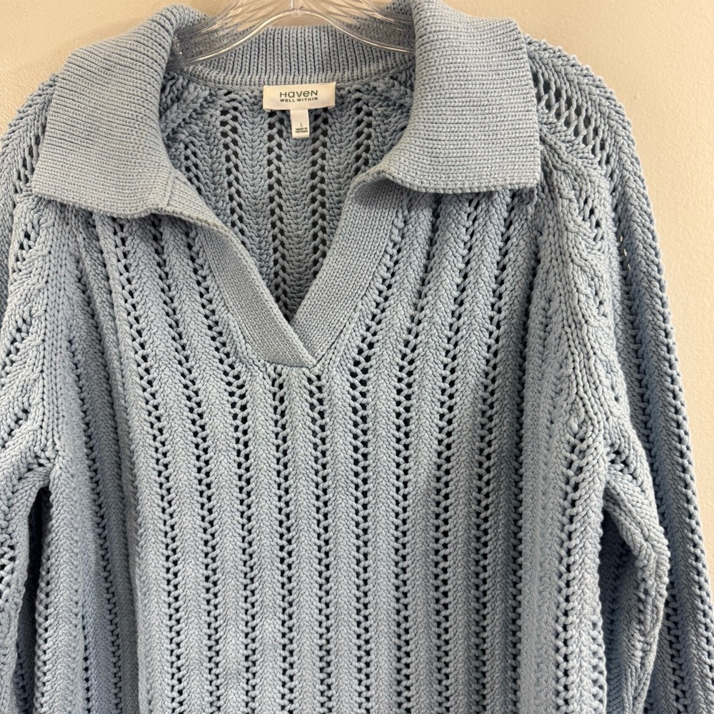 Haven Well Within Open Stitch Johnny Collar Cotton Blue Sweater Size Large - Picture 5 of 12